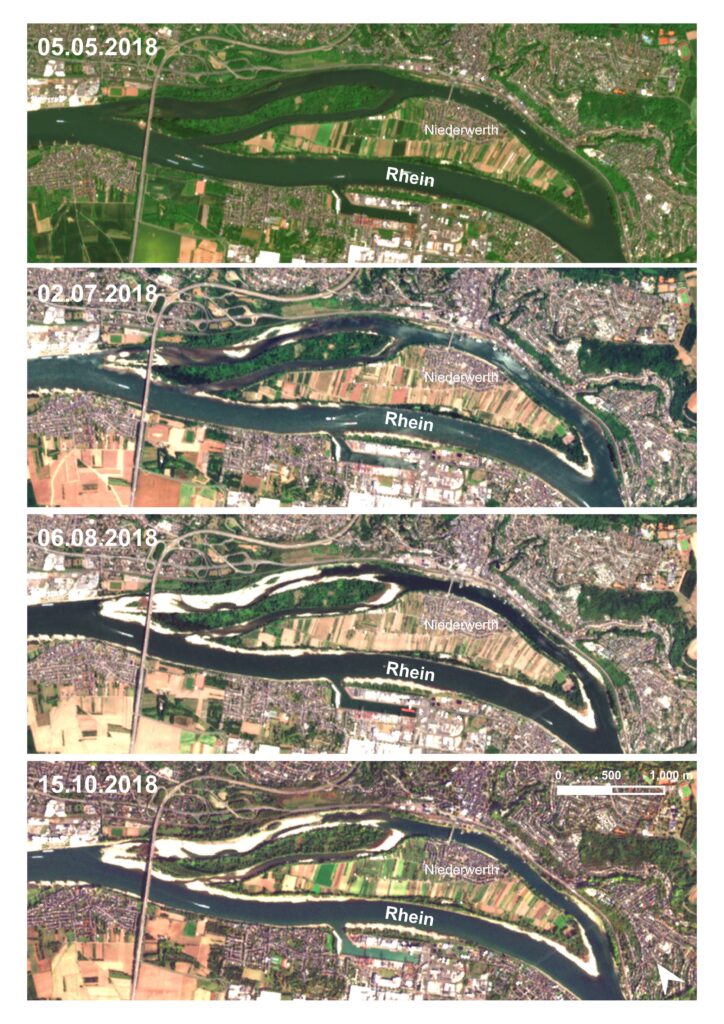 Satellitenbilder Entwicklung des Rhein-Niedrigwassers im Jahr 2018