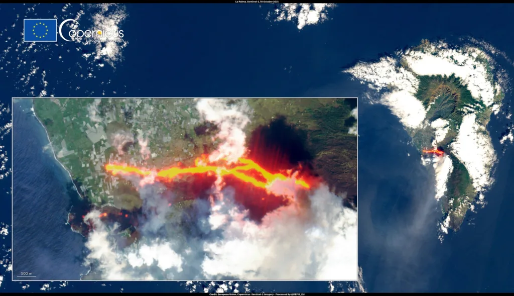Das Satellitenbild zeigt den Vulkanausbruch auf La Palma 2021