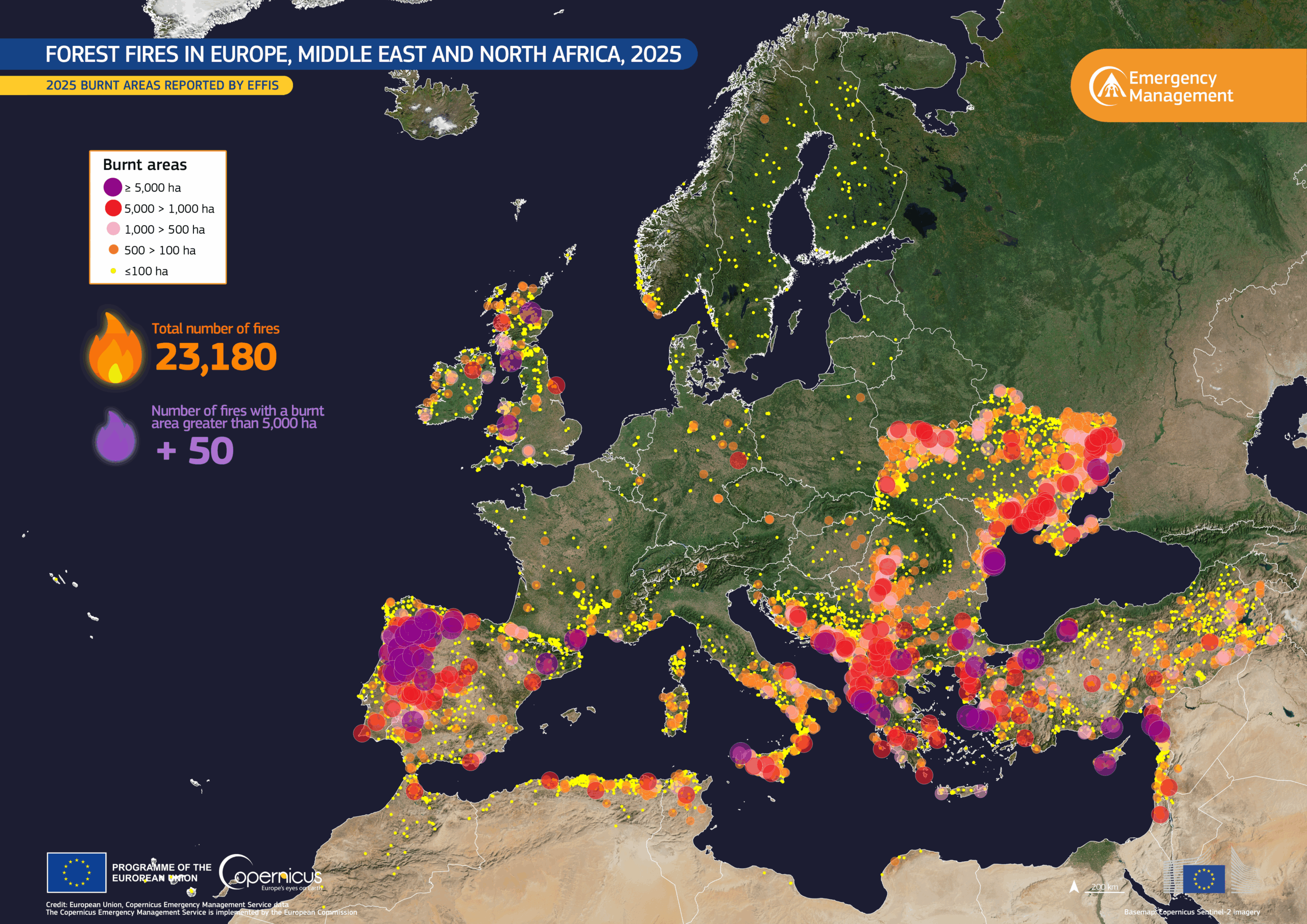 Karte von Waldbränden in Europa, dem Mittleren Osten und Nordafrika im Jahr 2025