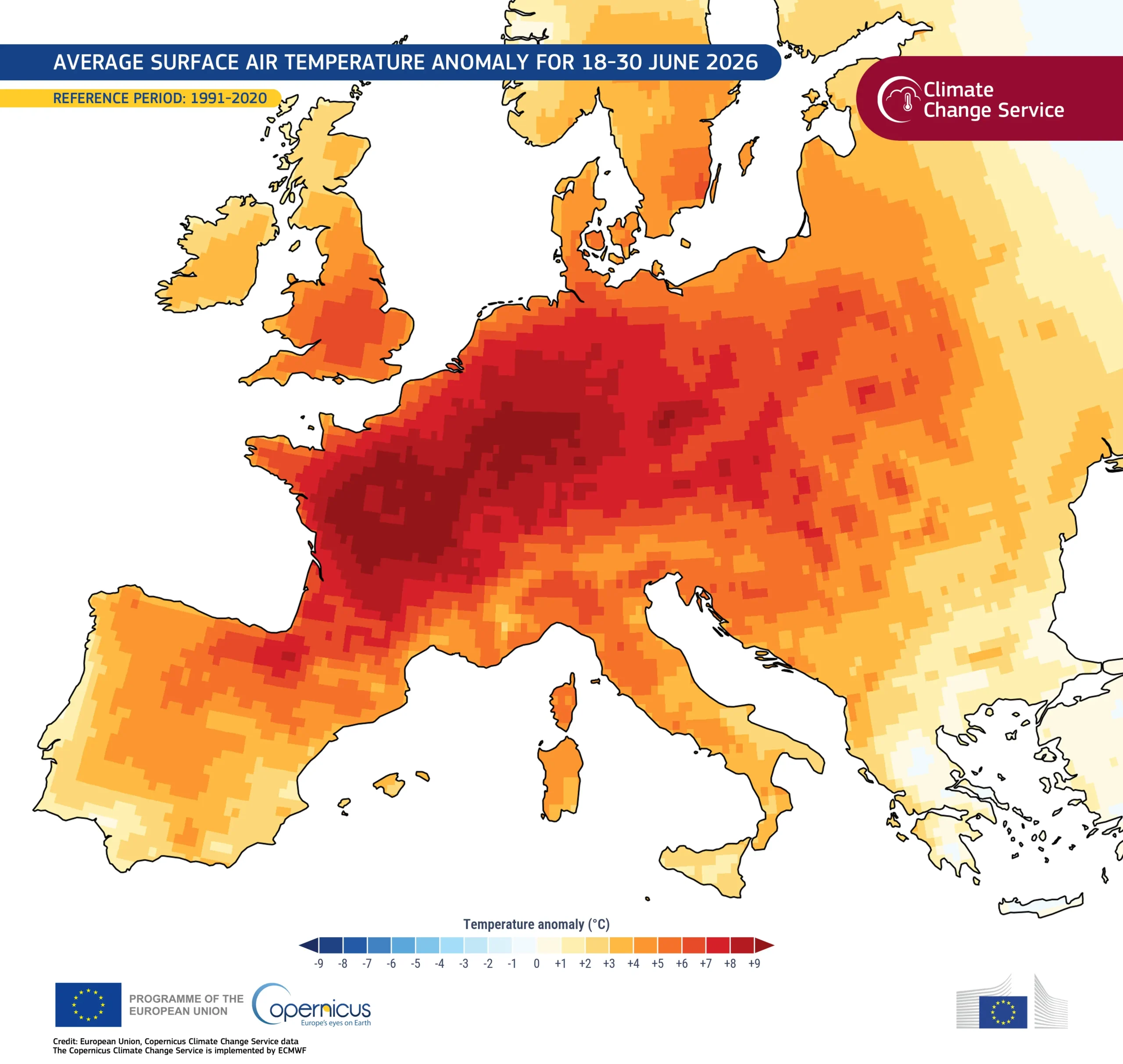 Karte zeigt durchschnittliche Lufttemperatur im Juni 2026 in Europa