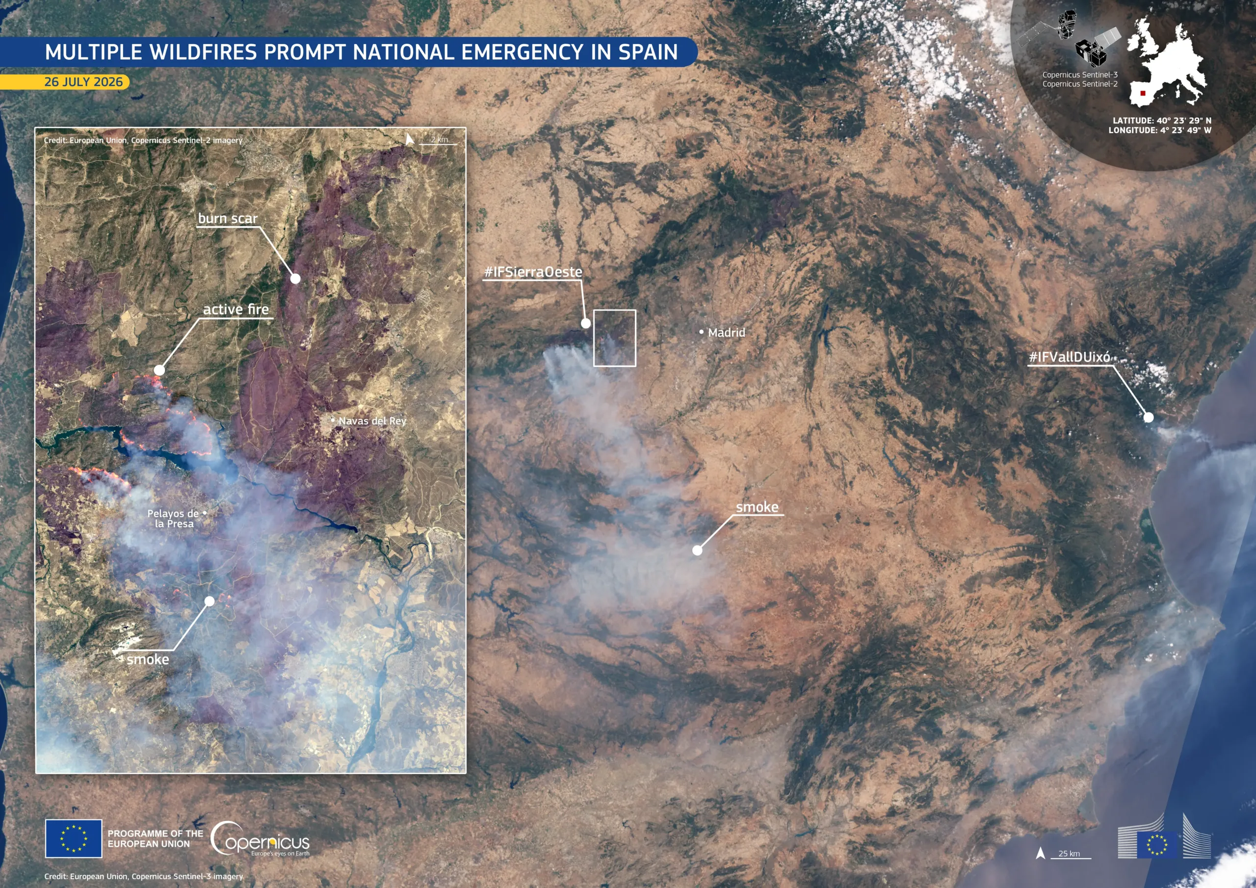 SAtellitenbild von Waldbränden in Spanien