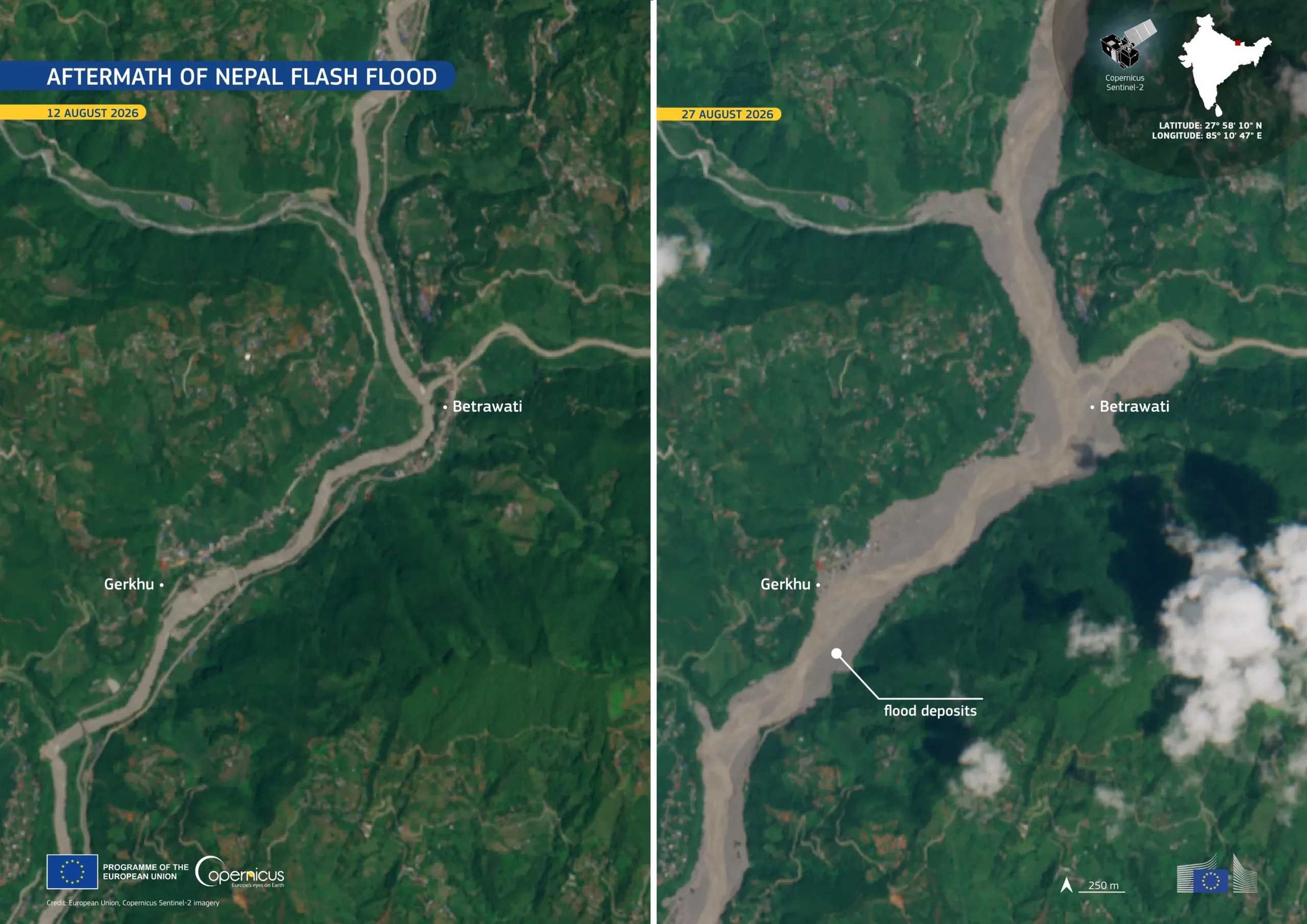 Satellitenbildaufnahmen der Flut in Nepal