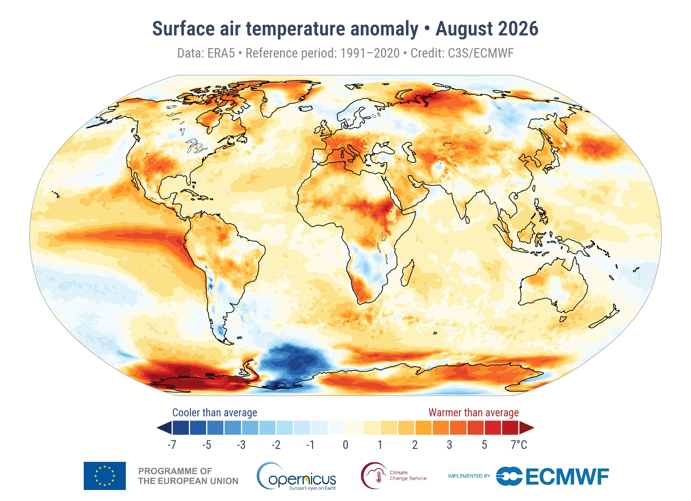 Karte der Oberflächentemperatur-Anomalien weltweit im August 2026 (Referenzzeitraum: 1991-2020)
