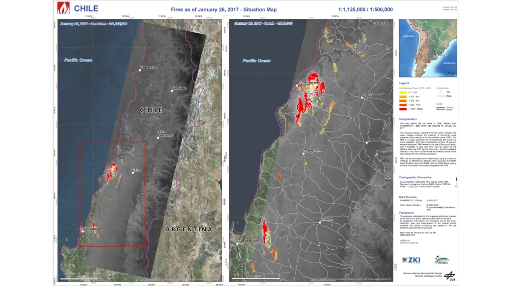 Lagekarte von Bränden in Chile