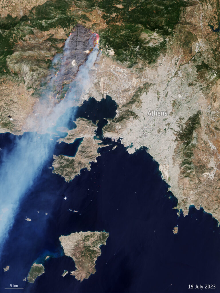 Satellitenbild Waldbrände bei Athen 2023