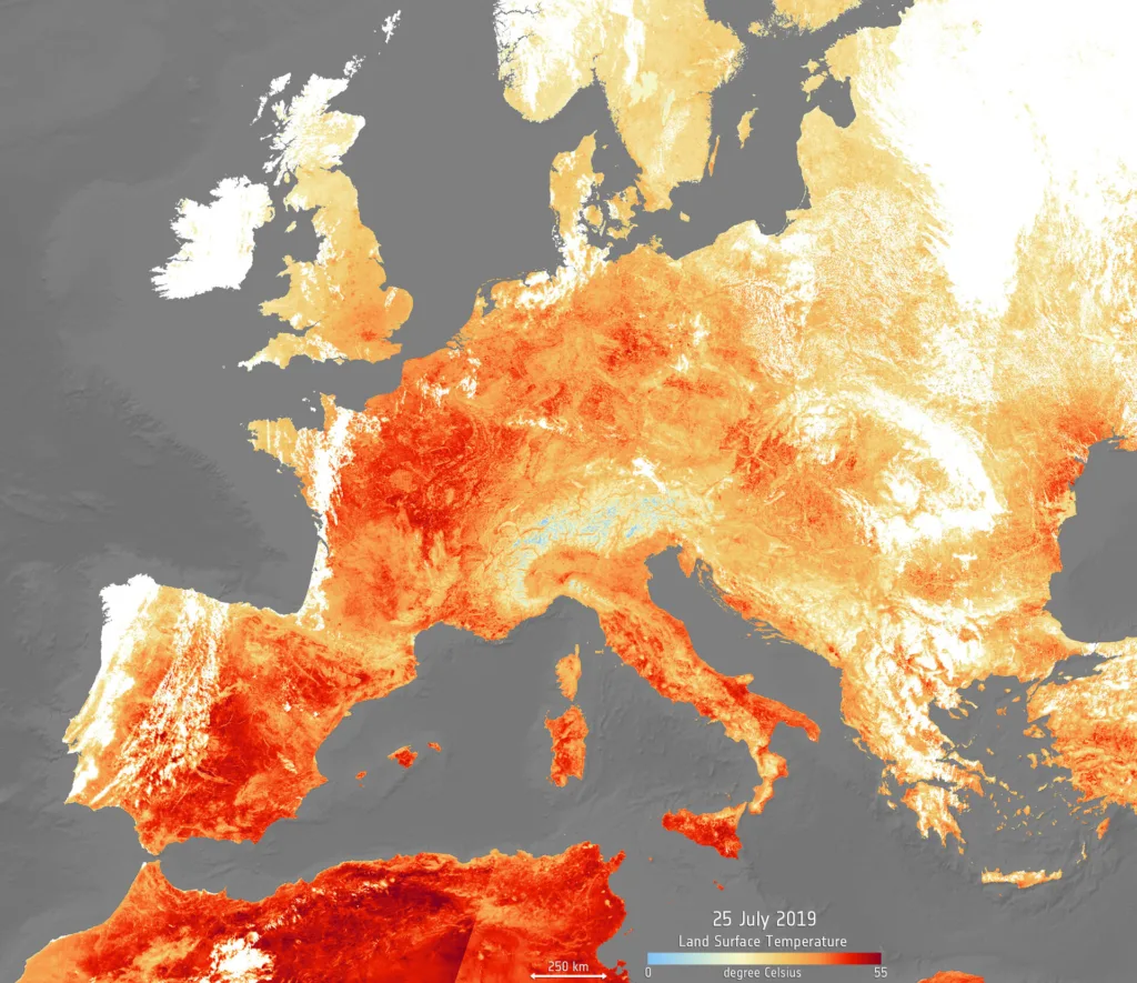 Abbildung Oberflächentemperatur Europa Juli 2019