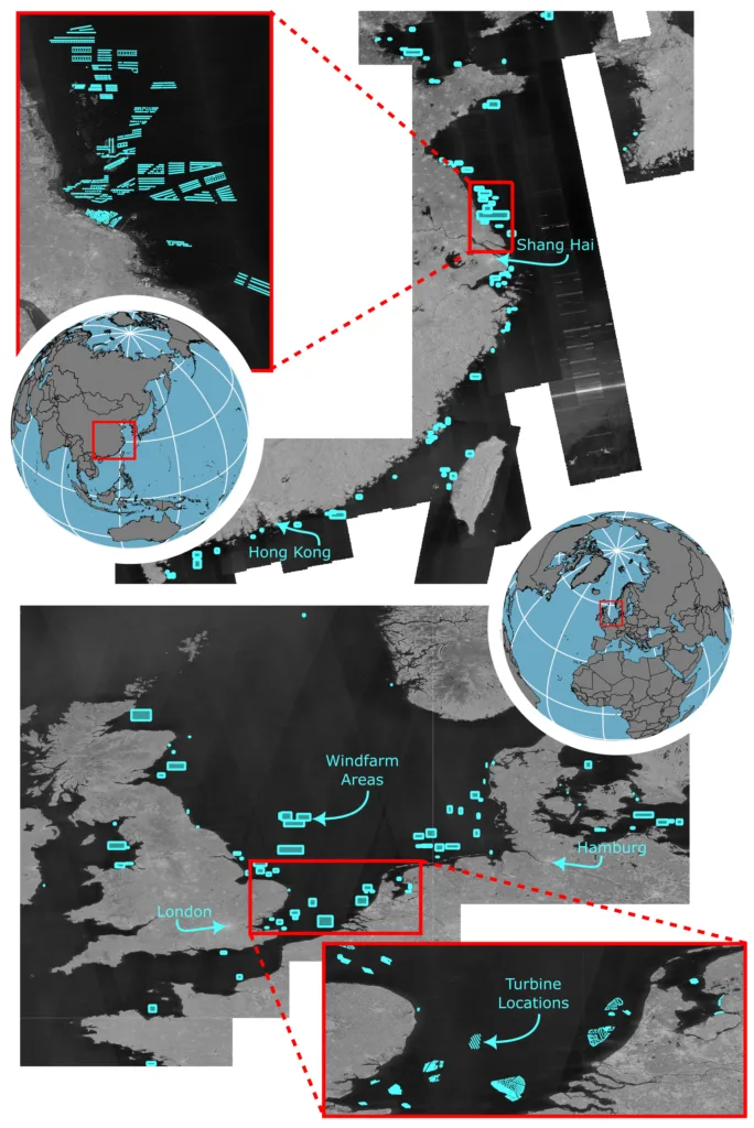 Visualisierung von Offshore-Windparks an der Küste Chinas sowie in der Nord- und Ostsee
