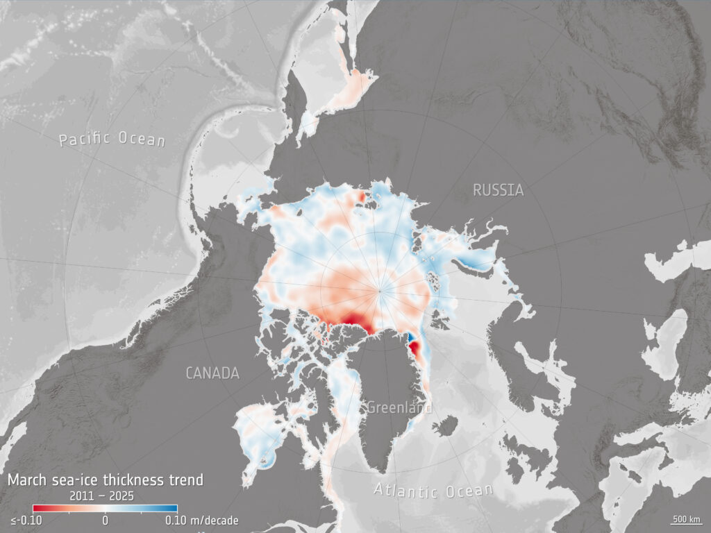 Abbildung Meereisdicke in der Arktis von 2011 bis 2025