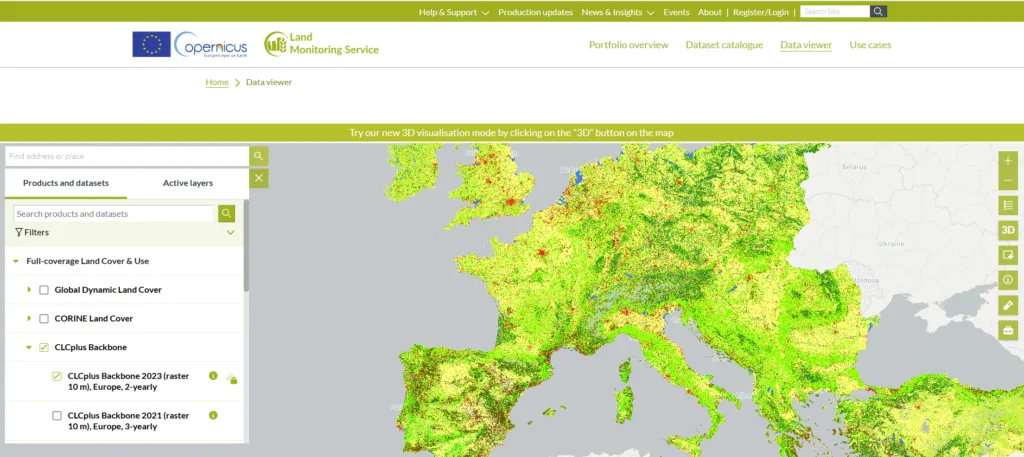 Screenshot von der Copernicus Landdienst-Website